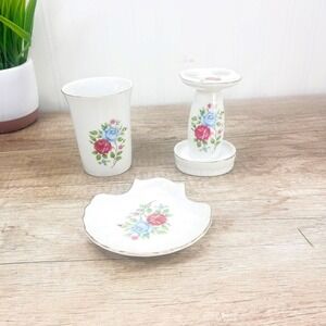 Vintage Floral Ceramic Bathroom Set: Pink Rose Soap Dish, Cup, & TB Holder